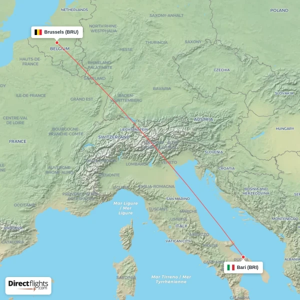 Bari - Brussels direct flight map