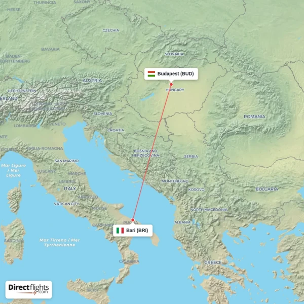 Bari - Budapest direct flight map
