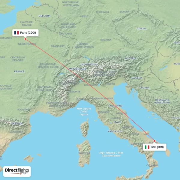 Bari - Paris direct flight map