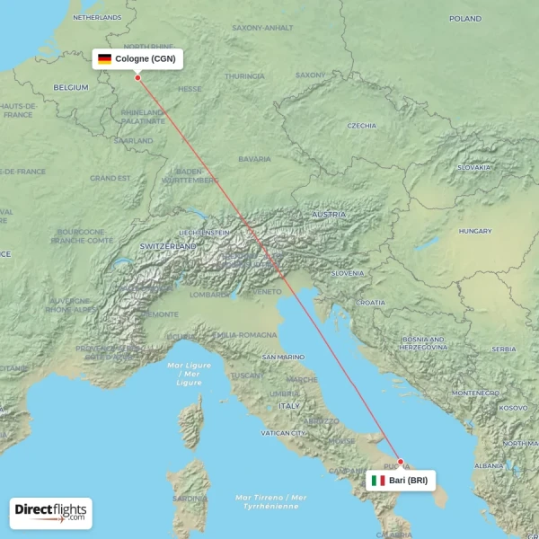 Bari - Cologne direct flight map