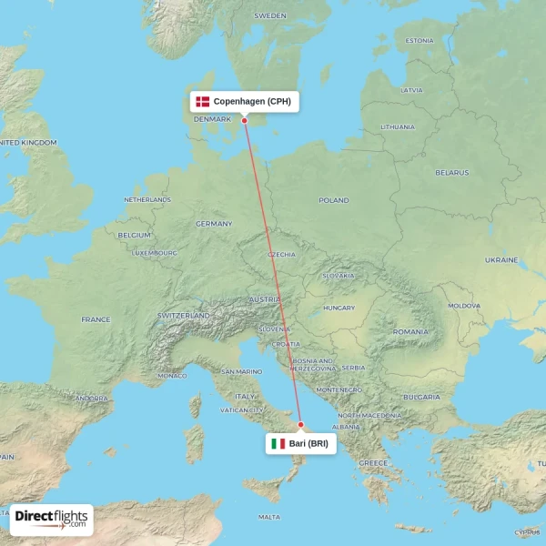 Bari - Copenhagen direct flight map