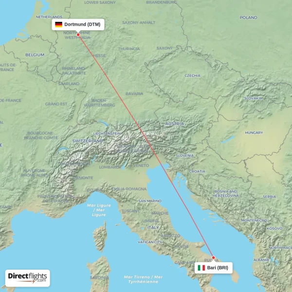 Bari - Dortmund direct flight map