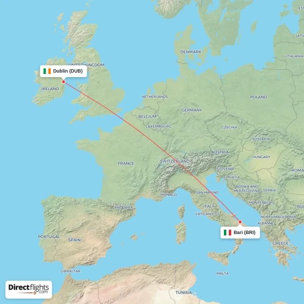 Bari - Dublin direct flight map