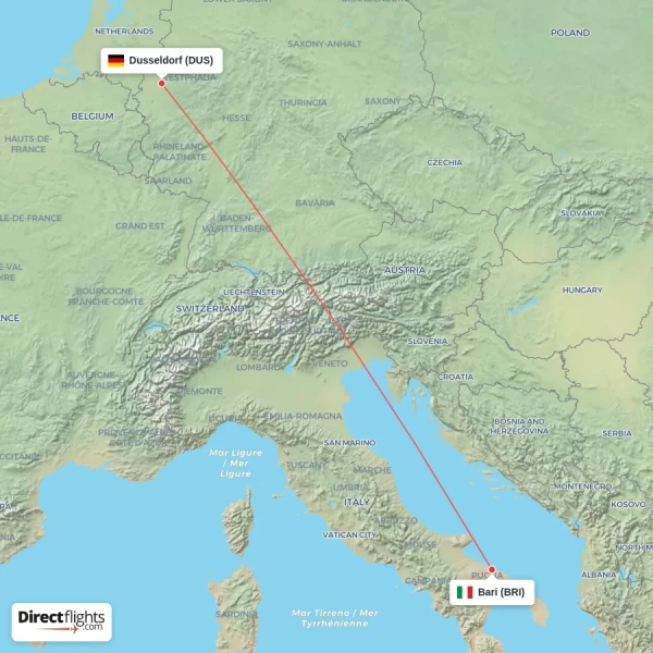Bari - Dusseldorf direct flight map