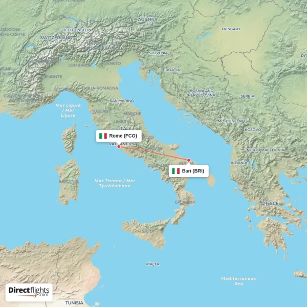 Bari - Rome direct flight map