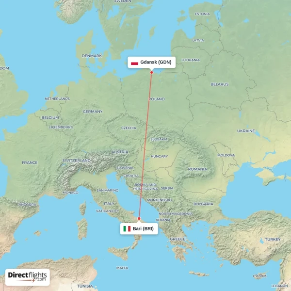 Bari - Gdansk direct flight map