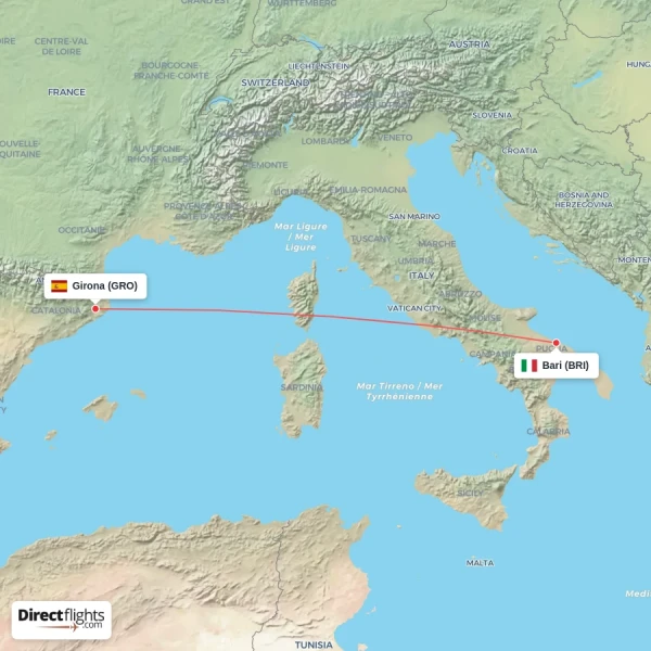 Bari - Girona direct flight map