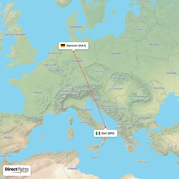 Bari - Hanover direct flight map