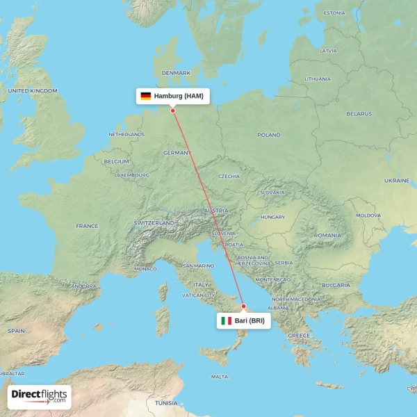Bari - Hamburg direct flight map