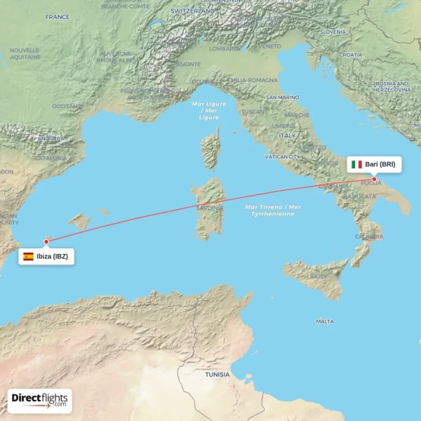 Bari - Ibiza direct flight map