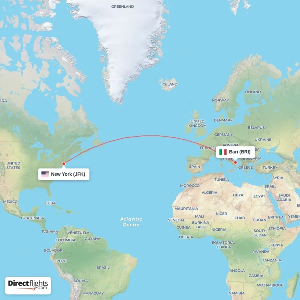 Bari - New York direct flight map