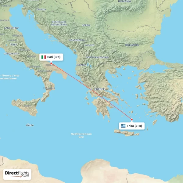 Bari - Thira direct flight map
