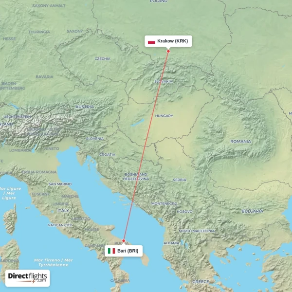 Bari - Krakow direct flight map