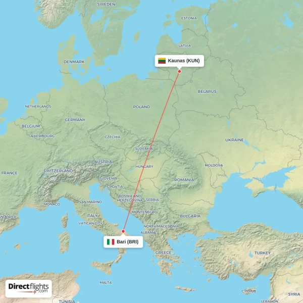 Bari - Kaunas direct flight map