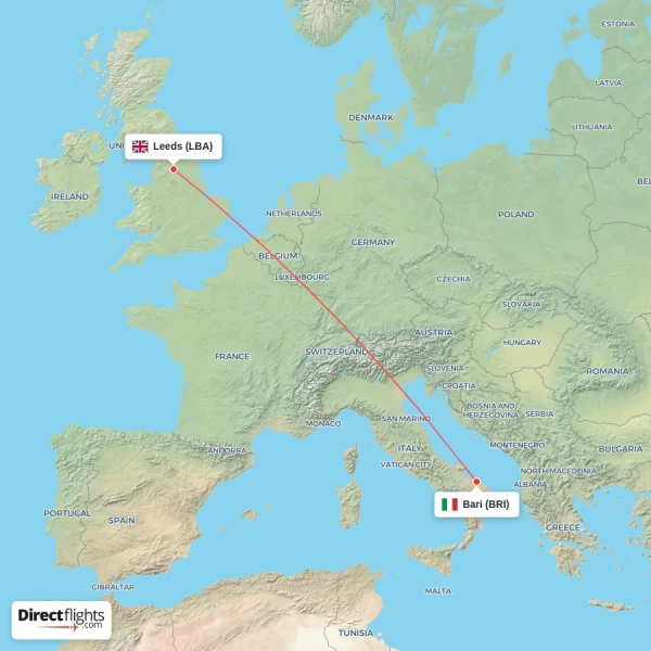 Bari - Leeds direct flight map