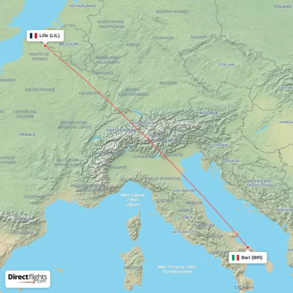 Bari - Lille direct flight map