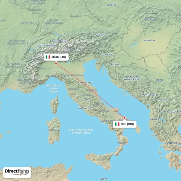 Bari - Milan direct flight map