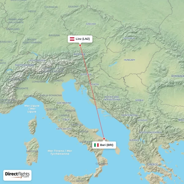 Bari - Linz direct flight map