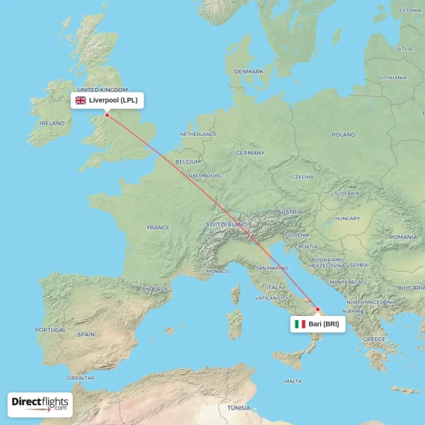 Bari - Liverpool direct flight map