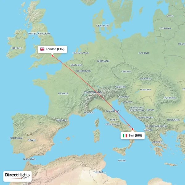 Bari - London direct flight map