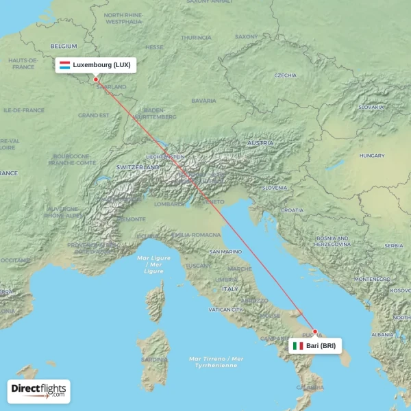 Bari - Luxembourg direct flight map