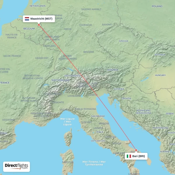 Bari - Maastricht direct flight map