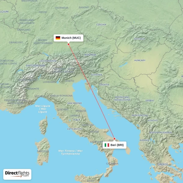 Bari - Munich direct flight map