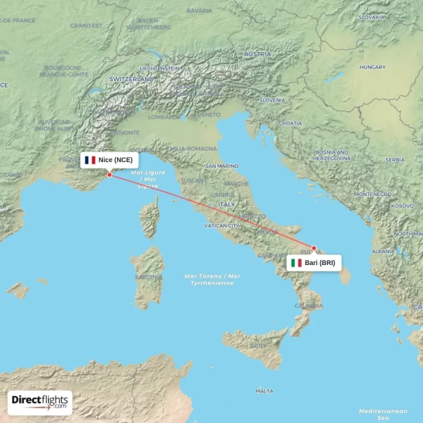 Bari - Nice direct flight map