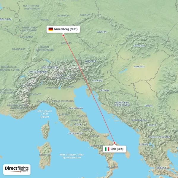 Bari - Nuremberg direct flight map