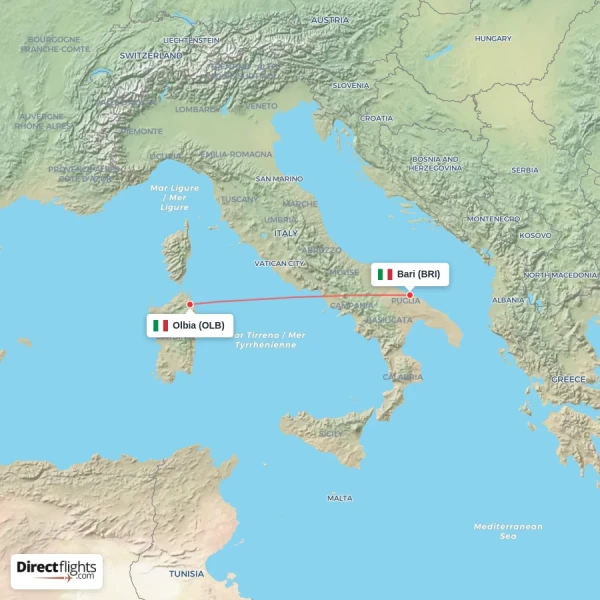 Bari - Olbia direct flight map