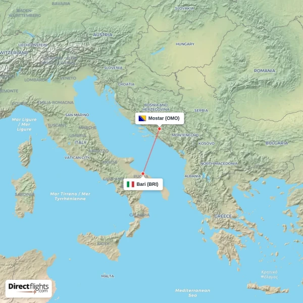 Bari - Mostar direct flight map
