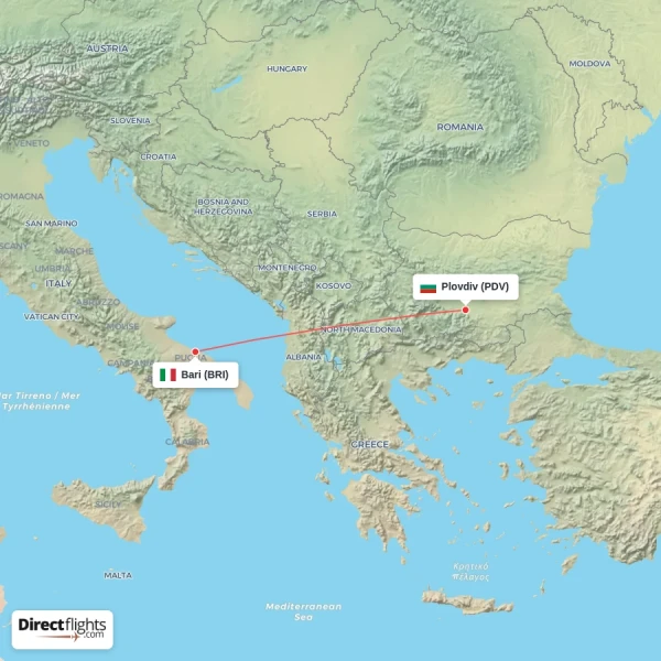 Bari - Plovdiv direct flight map