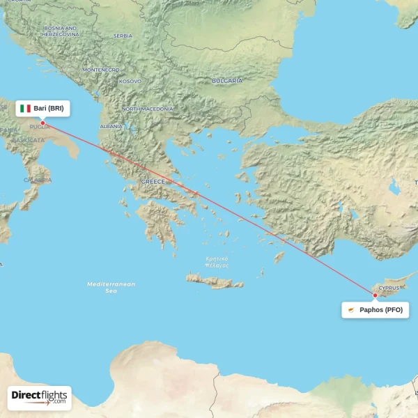 Bari - Paphos direct flight map