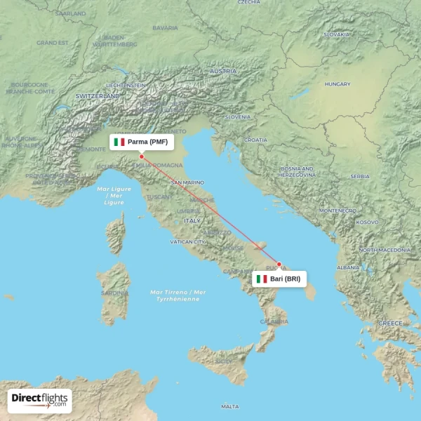 Bari - Parma direct flight map