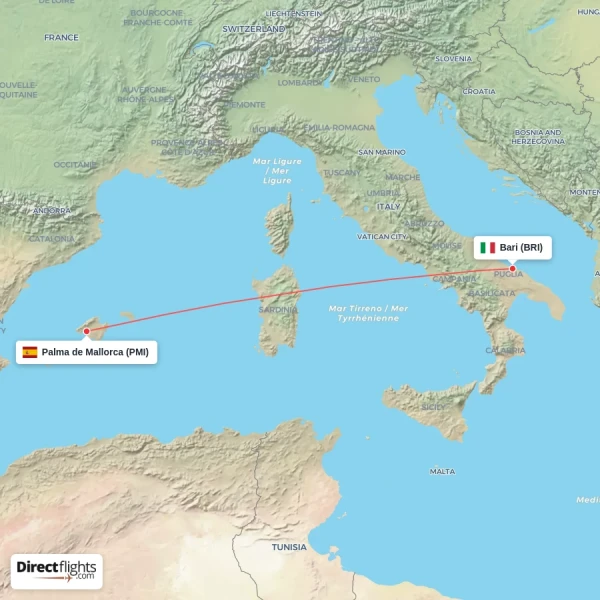 Bari - Palma de Mallorca direct flight map