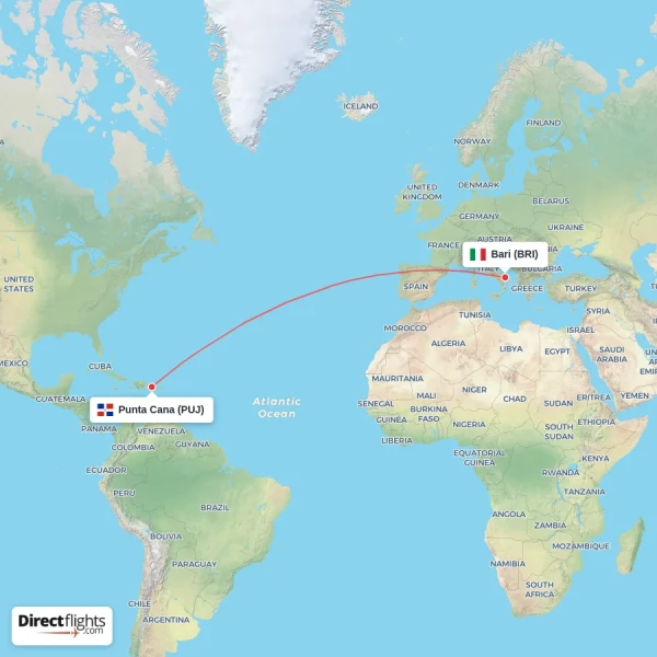 Bari - Punta Cana direct flight map