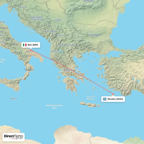 Bari - Rhodes direct flight map