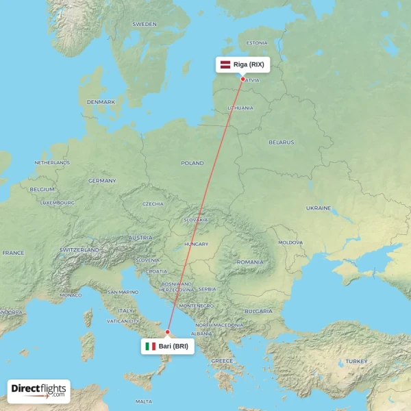 Bari - Riga direct flight map