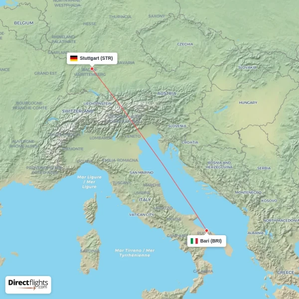 Bari - Stuttgart direct flight map