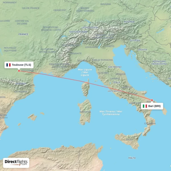Bari - Toulouse direct flight map