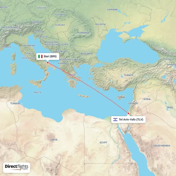 Bari - Tel Aviv-Yafo direct flight map