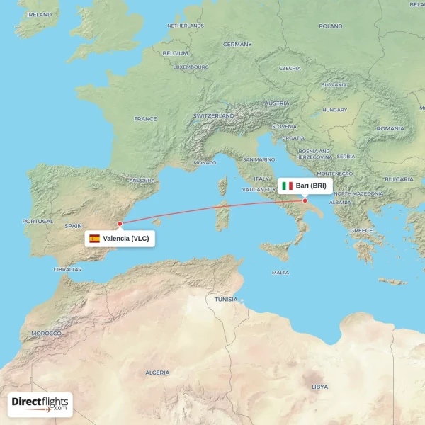 Bari - Valencia direct flight map