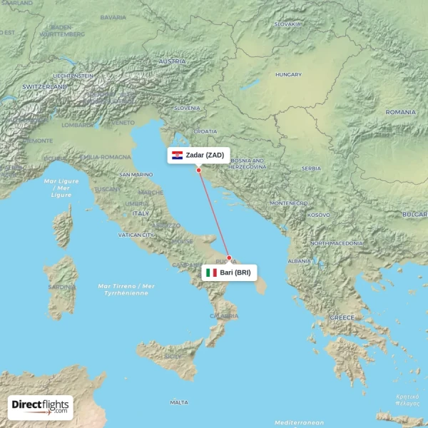 Bari - Zadar direct flight map