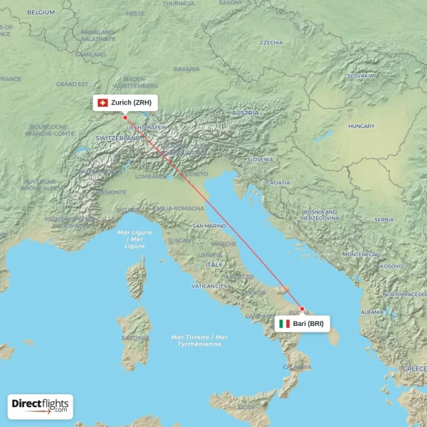 Bari - Zurich direct flight map
