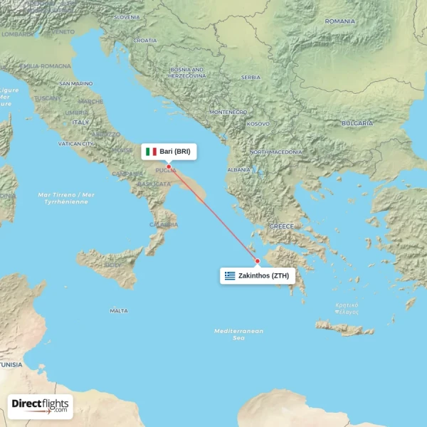 Bari - Zakinthos direct flight map