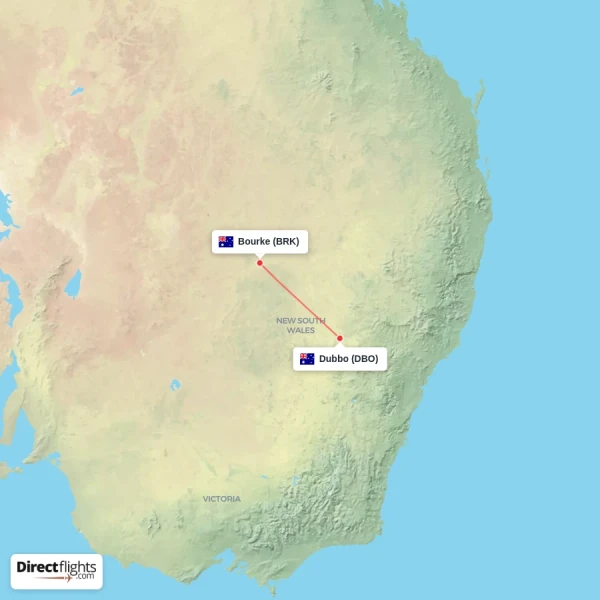 Bourke - Dubbo direct flight map