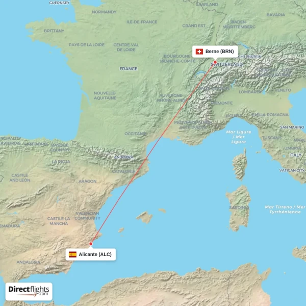 Berne - Alicante direct flight map