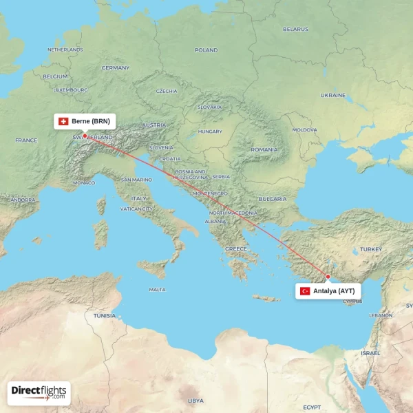 Berne - Antalya direct flight map