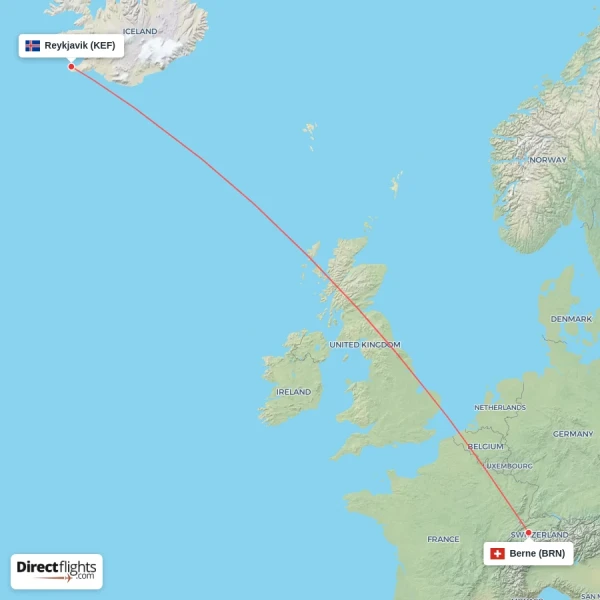 Berne - Reykjavik direct flight map