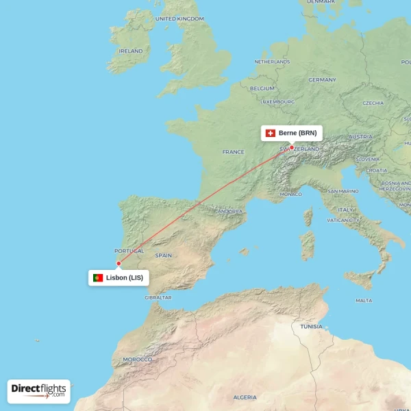 Berne - Lisbon direct flight map